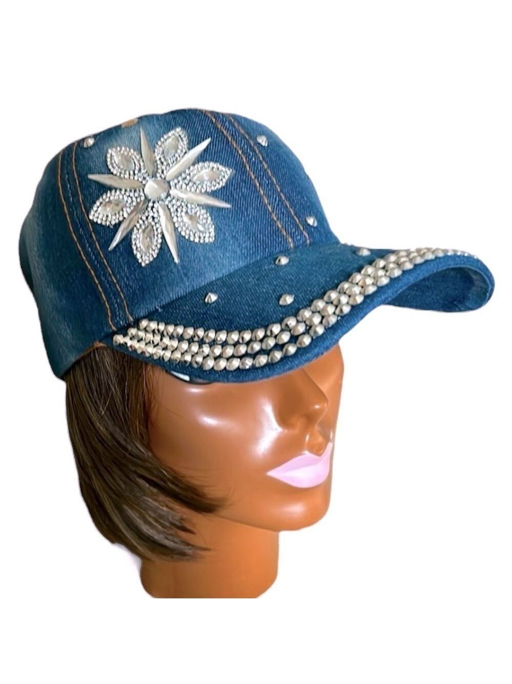 Fancy Denim Studded Rhinestone Bejeweled Sparkle Baseball Cap Trucker Hat NEW